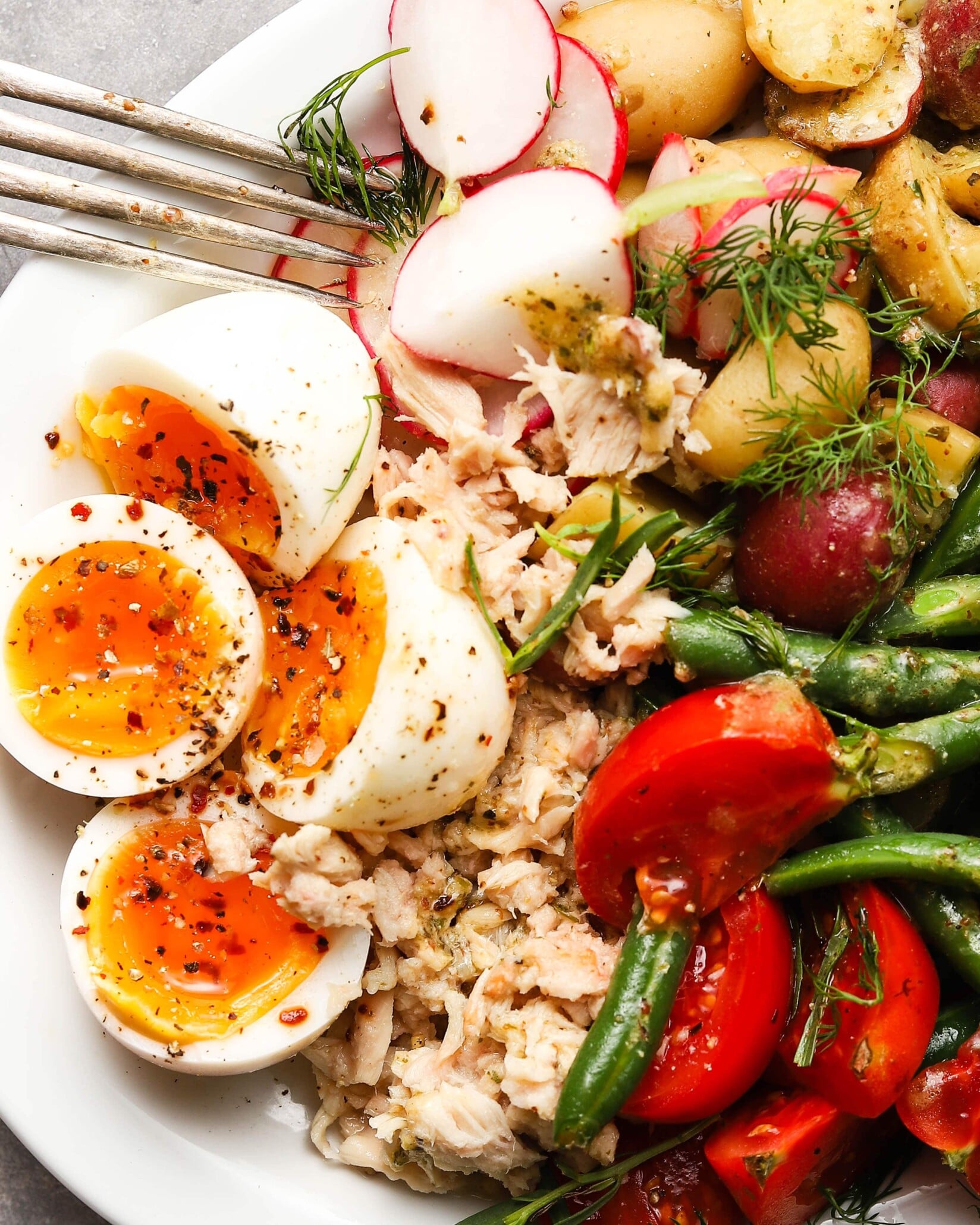 Colorful salad with tuna, soft-boiled eggs, tomatoes, green beans, radishes, and potatoes.