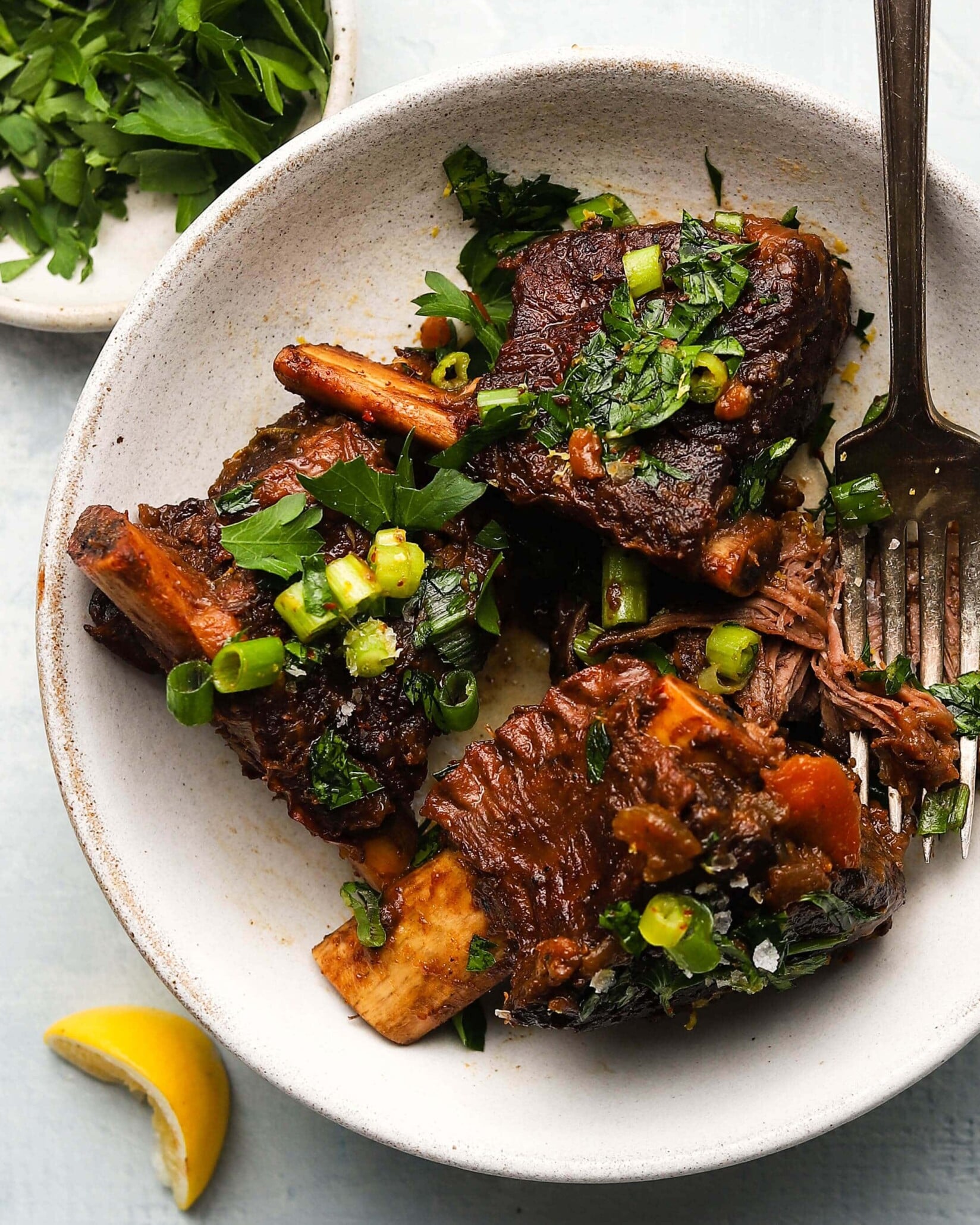 Braised short ribs garnished with fresh herbs and green onions in a white bowl.