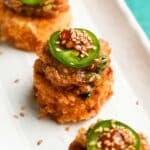 Crispy rice topped with spicy tuna, jalapeño slices, and sesame seeds.