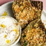 Steamed artichokes topped with lemon herb breadcrumbs, served with a creamy dip.