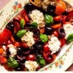 A colorful caprese salad with tomatoes, cherries, mozzarella, and basil on a decorative platter.