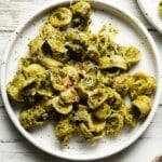 Orecchiette pasta with broccolini pesto, sausage, grated cheese, and red pepper flakes.