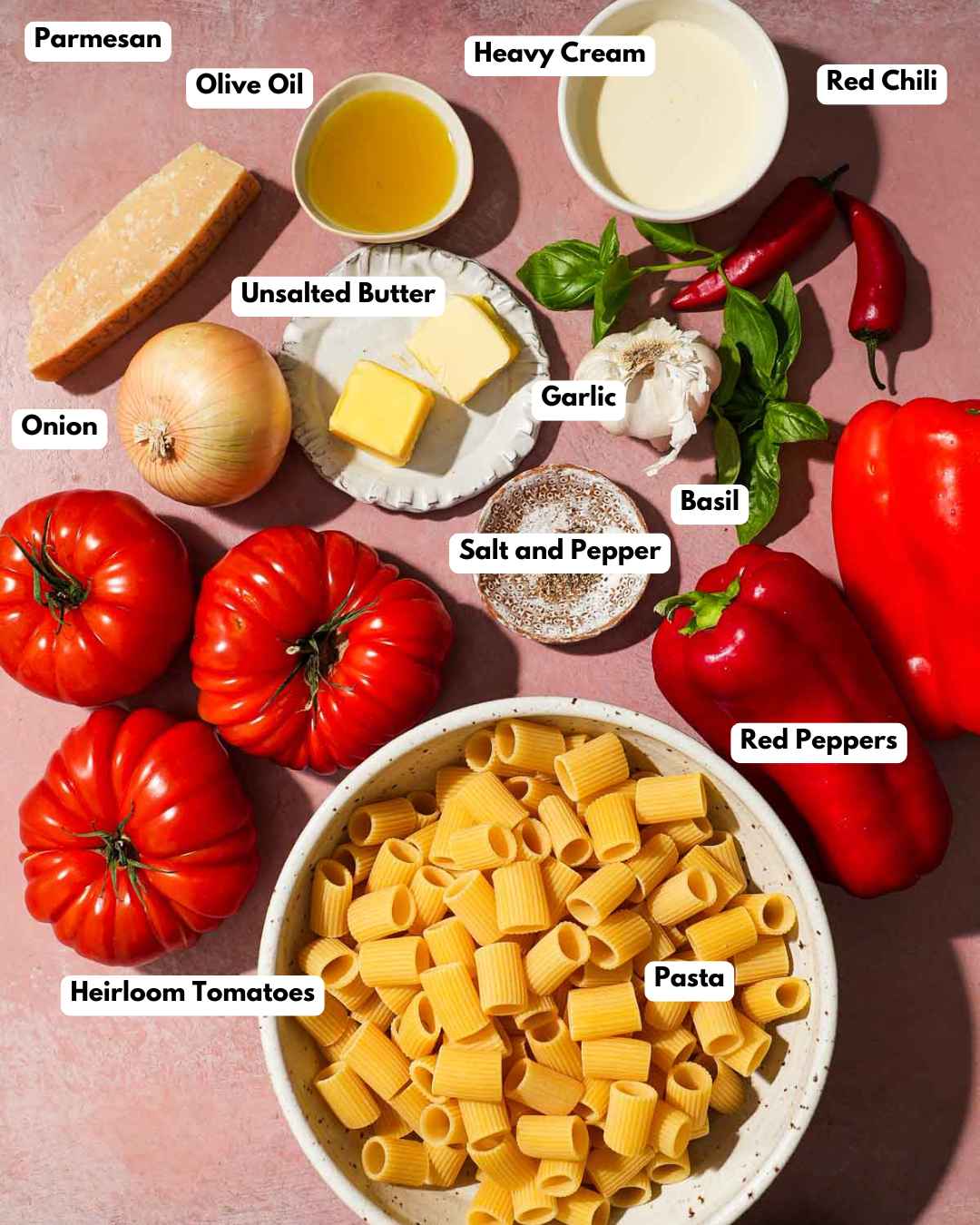 Labeled ingredients for roasted red pepper and tomato pasta including pasta, garlic, and basil.