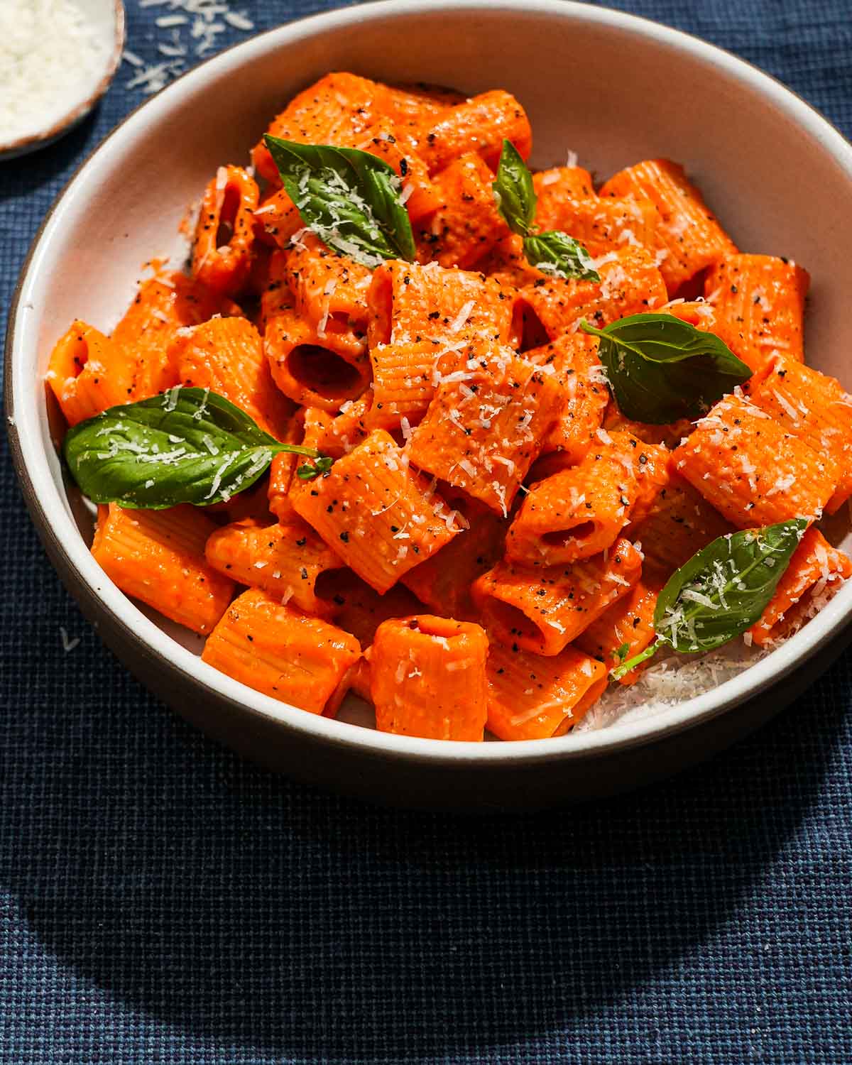 A large shallow bowl of roasted red pepper and tomato pasta with basil and parmesan cheese.