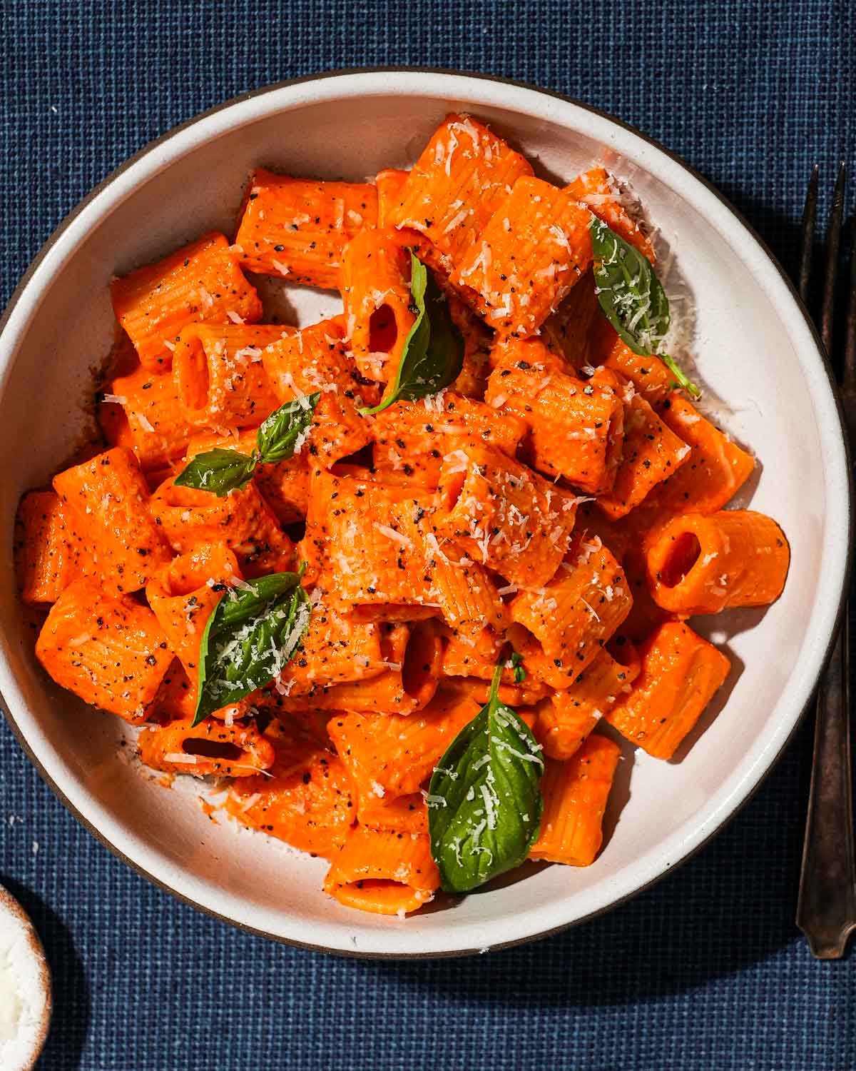 A large shallow bowl of roasted red pepper and tomato pasta with basil.