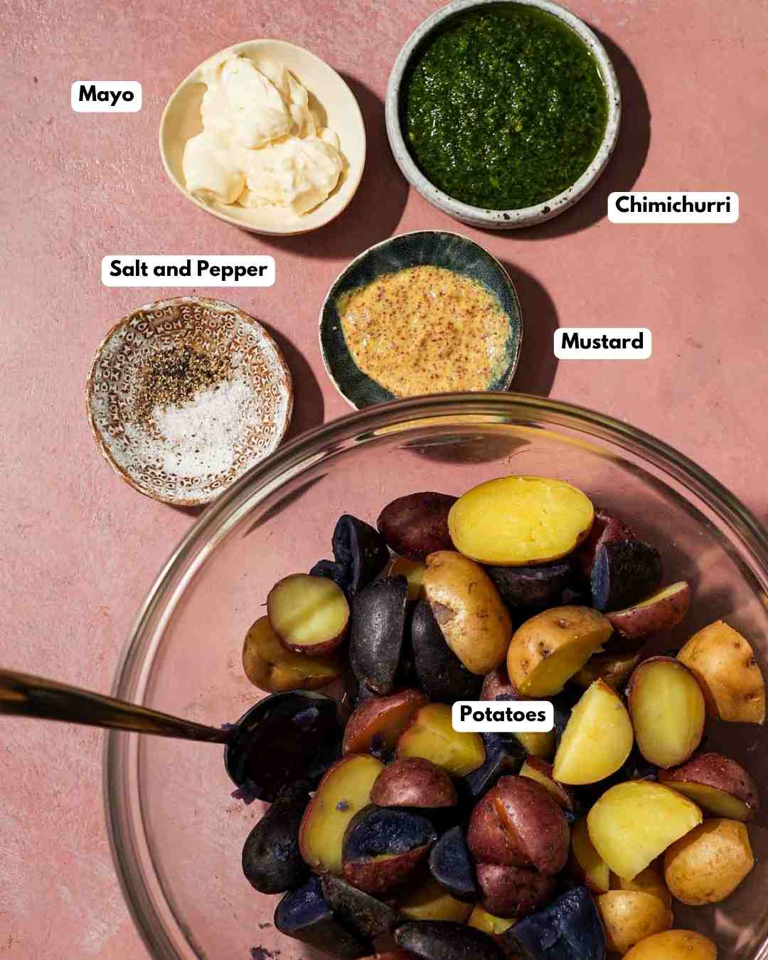 All the ingredients you need to make chimichurri mayo potato salad.