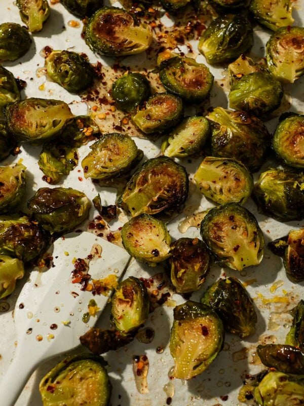 Caramelized Brussels sprouts tossed with chili flakes and hot honey drizzle.