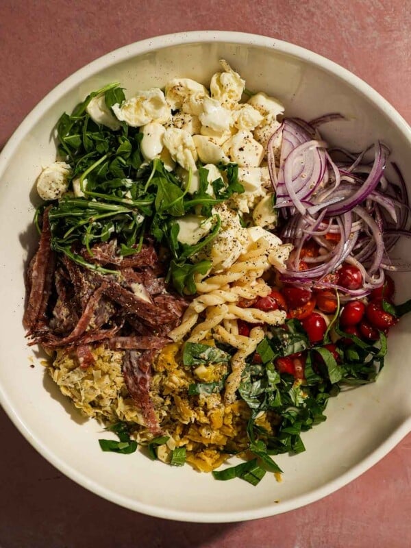 Unmixed pasta salad bowl with salami, mozzarella, onions, tomatoes, and chopped greens.