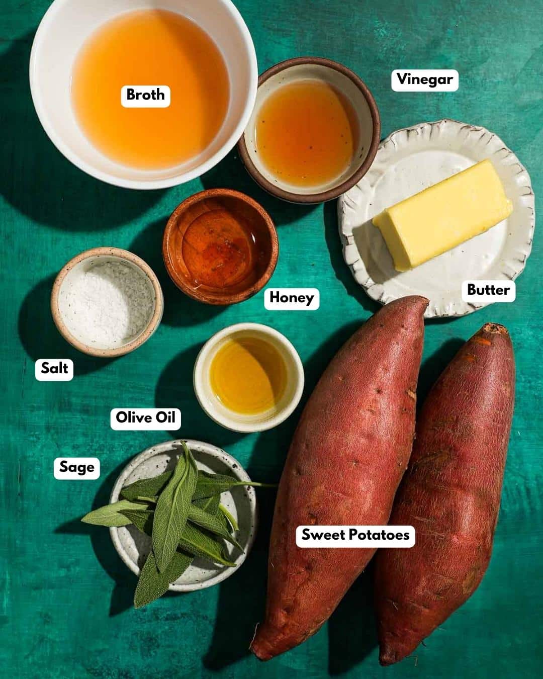 Ingredients laid out to make fondant sweet potatoes.