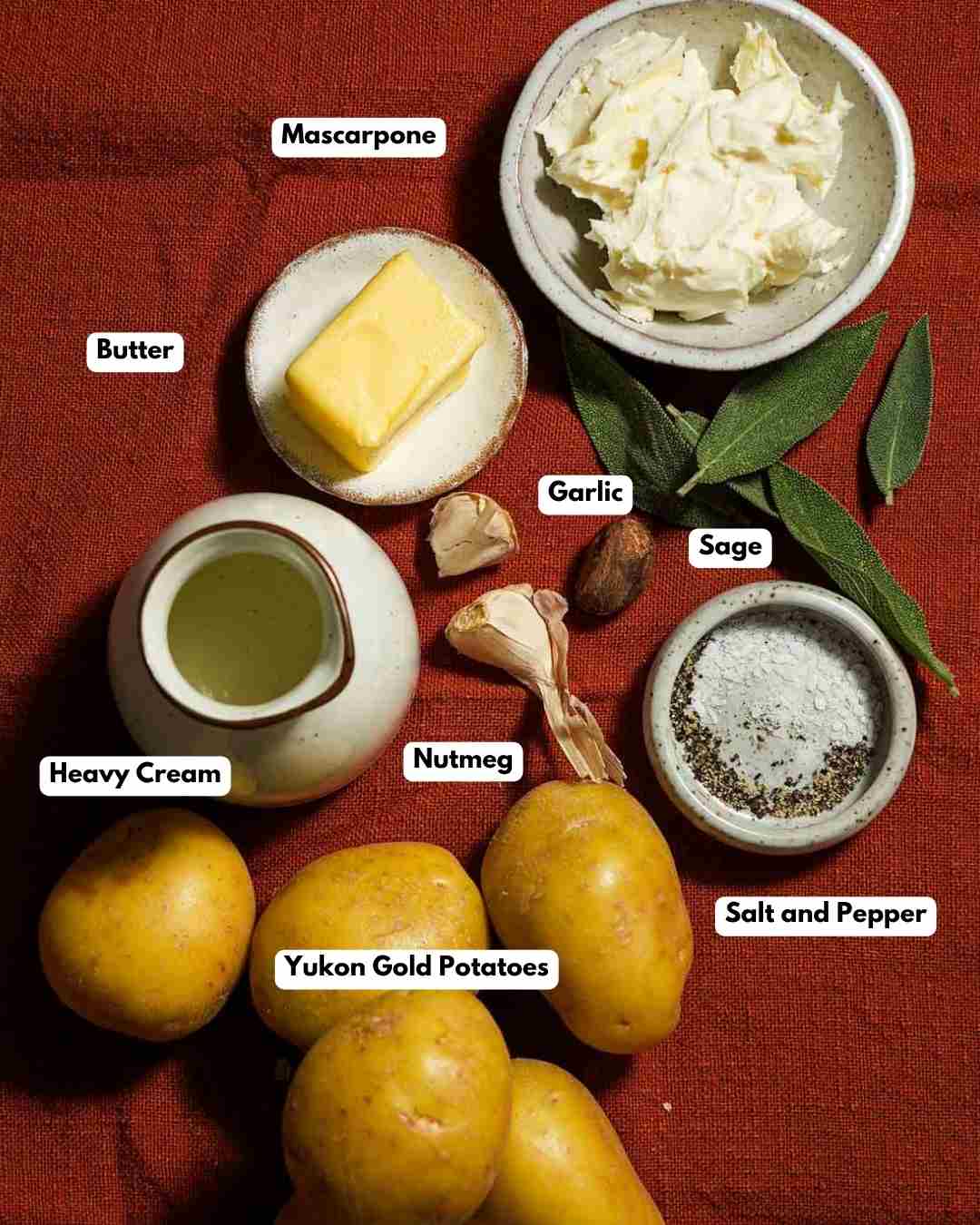 All the ingredients you need laid out for brown butter mashed potatoes.