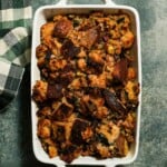 Finished dish of sourdough bread stuffing with fennel and swiss chard.