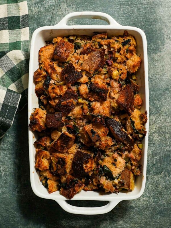 Finished dish of sourdough bread stuffing with fennel and swiss chard.