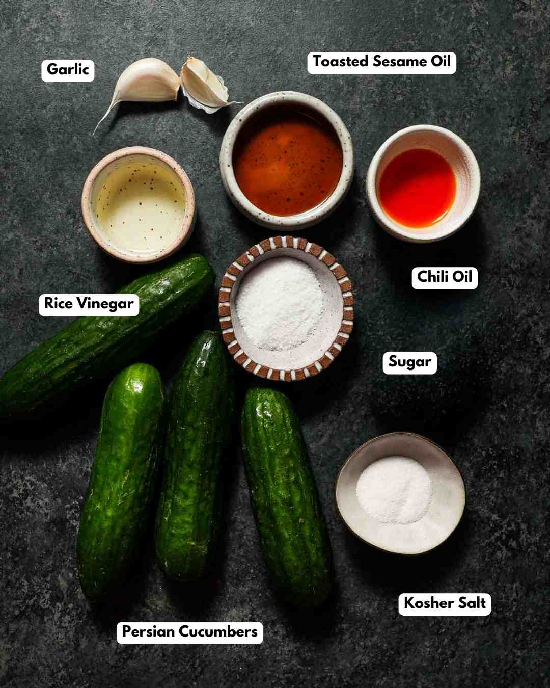 Ingredients laid out to make Din Tai Fung cucumber salad.