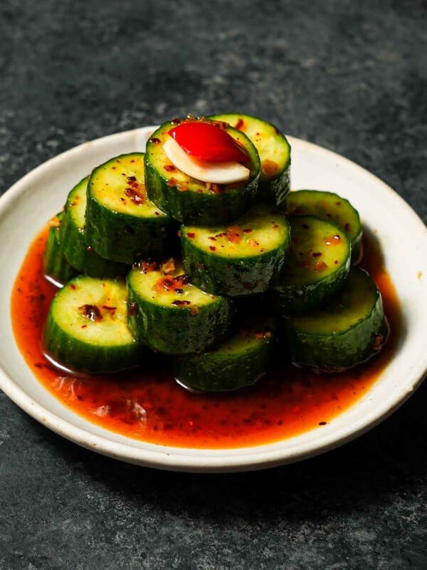 Din Tai Fung cucumber copycat salad piled on a small plate.