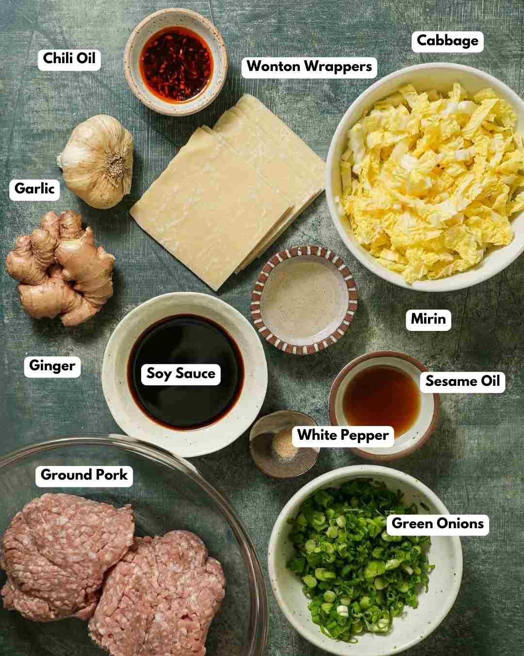 The ingredients laid out to make dumpling lasagna.