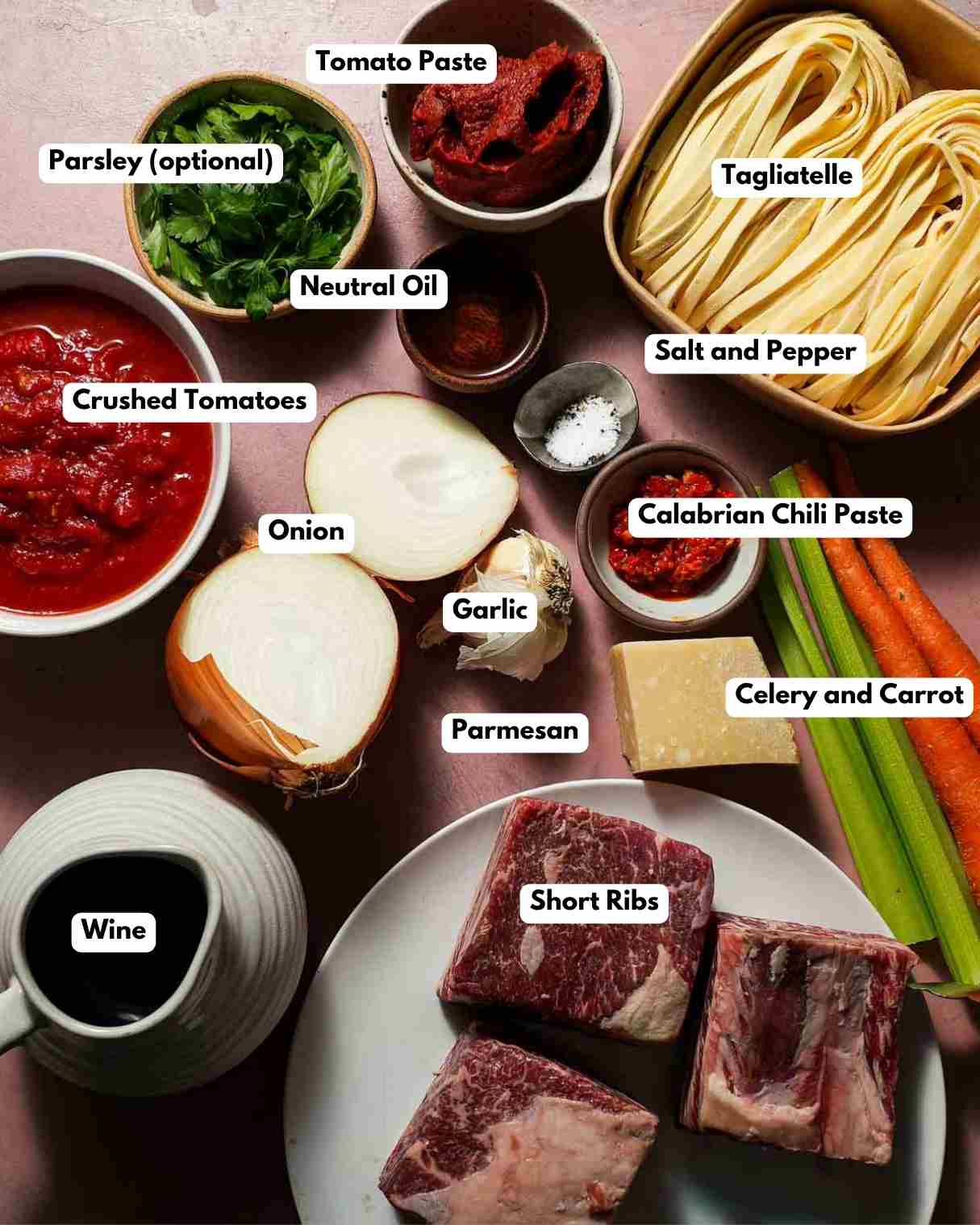 All the ingredients to make braised short rib ragu with tagliatelle.