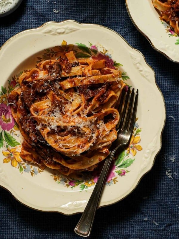A bowl of braised short rib ragu with tagliatelle with a fork.
