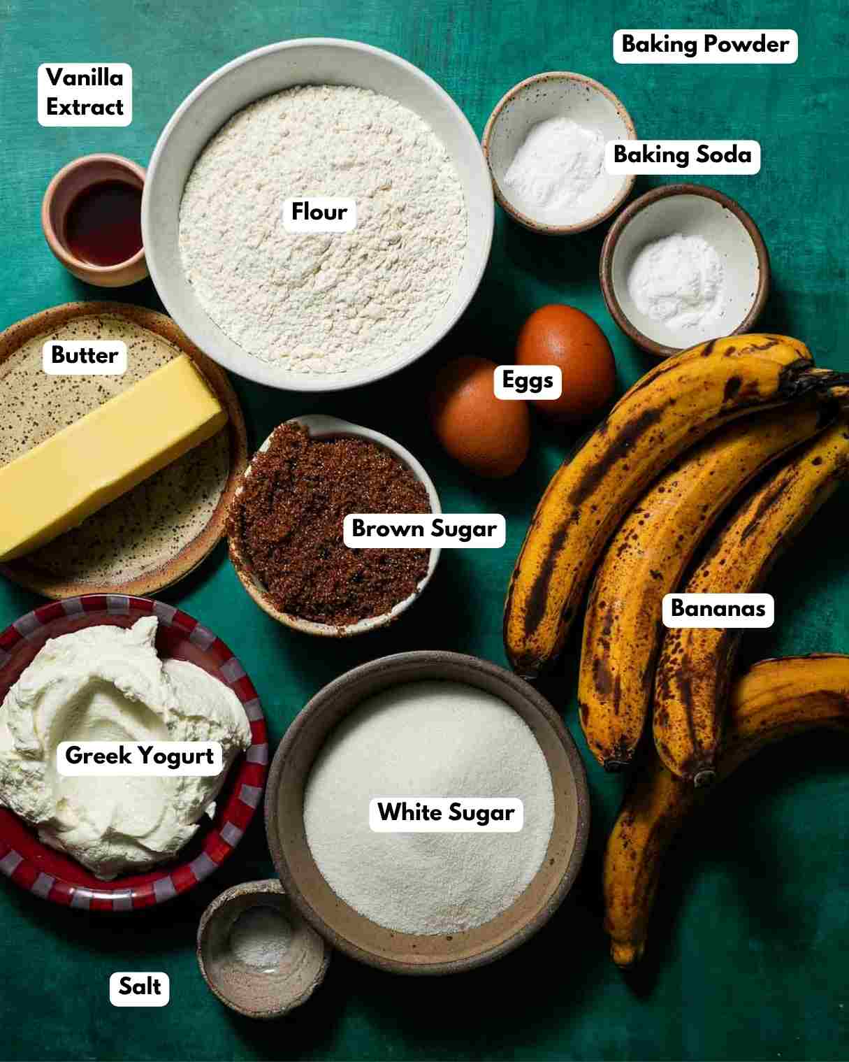 The ingredients laid out to make brown butter banana bread with a streusel topping.