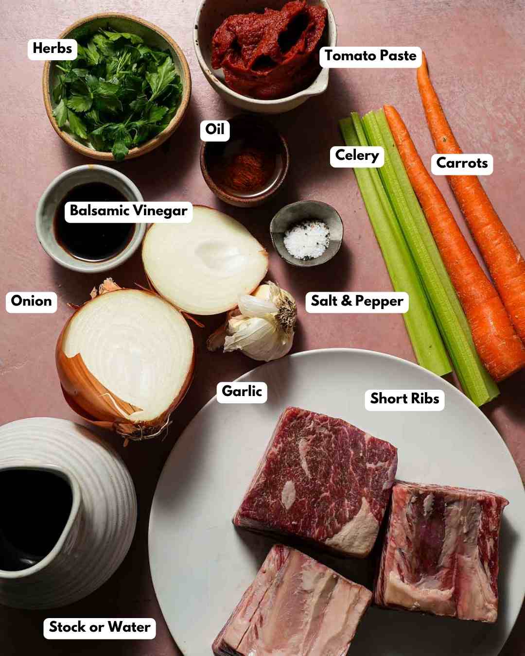 The ingredients laid out to make red wine braised short ribs.