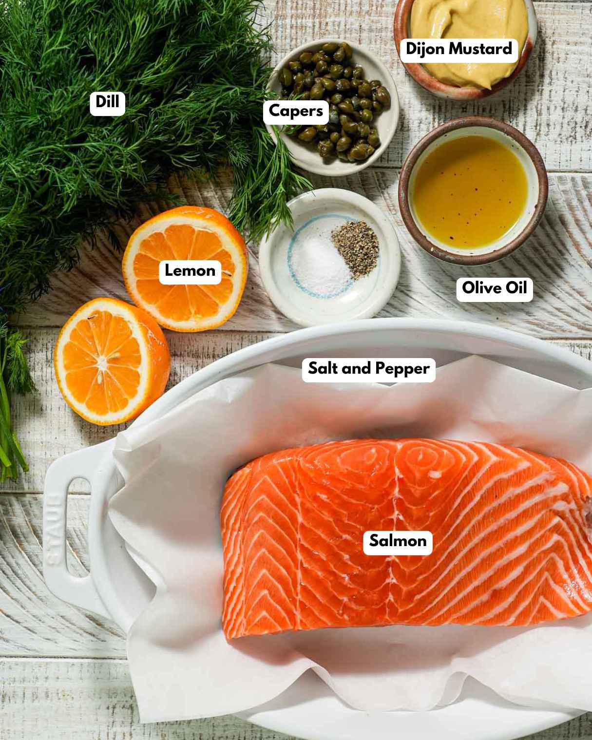 The ingredients laid out to make salmon with mustard dill sauce.