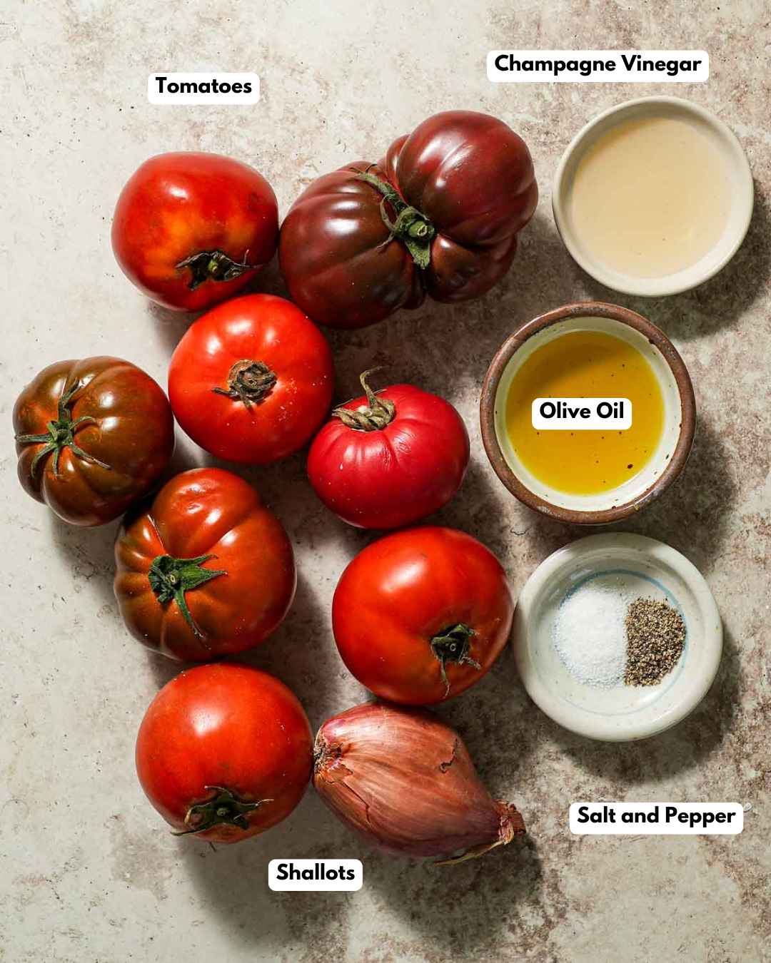 All the ingredients laid out to make marinated tomatoes.