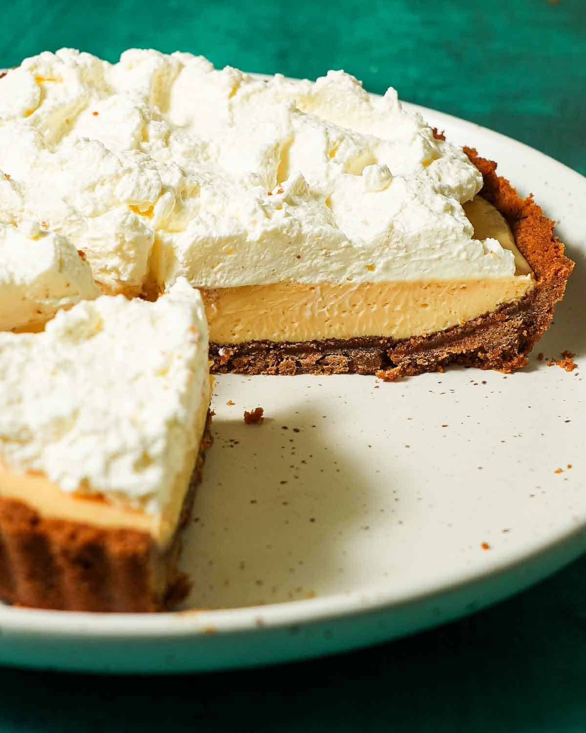 A white plate with meyer lemon pie topped with whipped cream on a graham cracker crust.