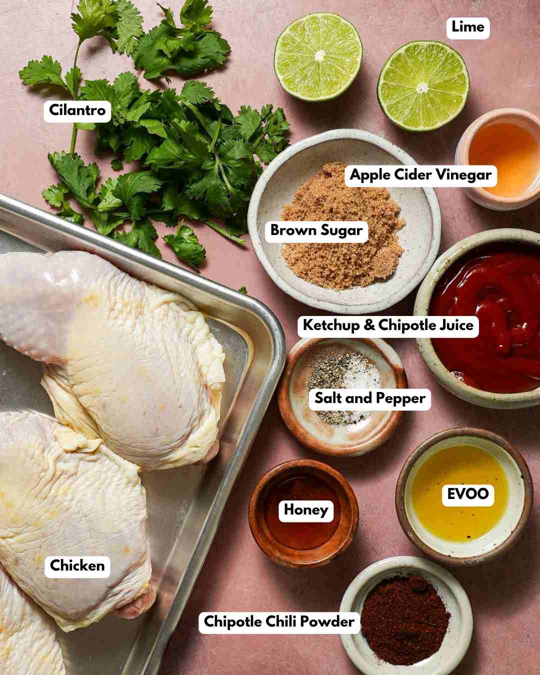 All the ingredients laid out to make honey chipotle chicken.