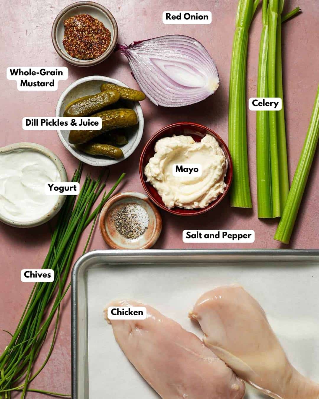 All the ingredients laid out to make dill pickle chicken salad.