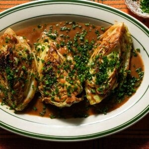 A platter of braised cabbage with miso and chives.