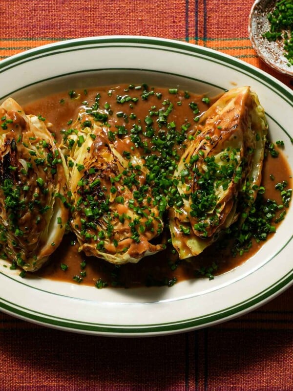 A platter of braised cabbage with miso and chives.