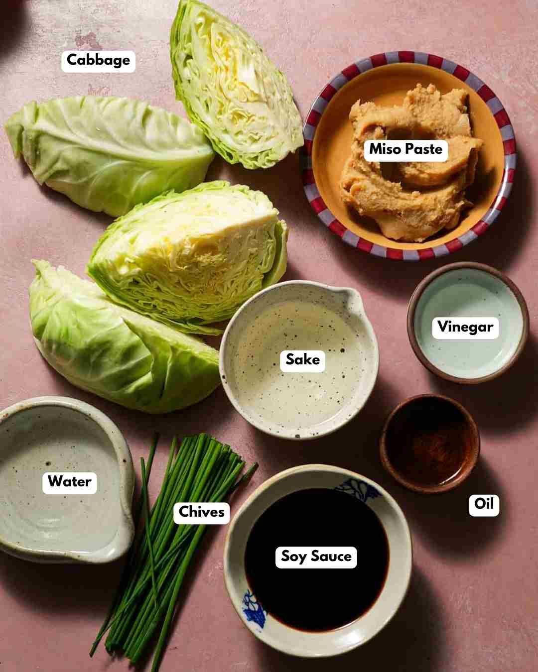 The ingredients laid out to make braised miso cabbage with chives.