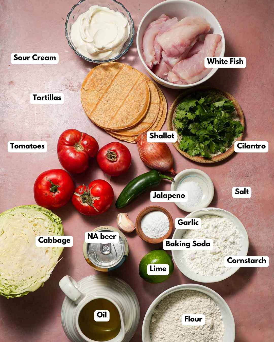 All the ingredients laid out to make crispy fish tacos.