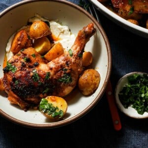 A shallow bowl of greek lemon chicken and potatoes with greek yogurt and parsley.