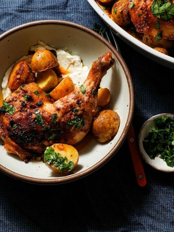 A shallow bowl of greek lemon chicken and potatoes with greek yogurt and parsley.
