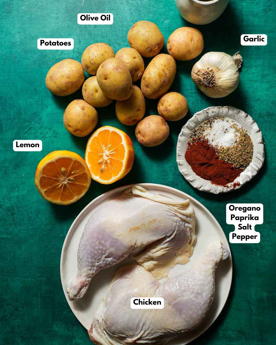 All the ingredients laid out to make greek lemon and potatoes.