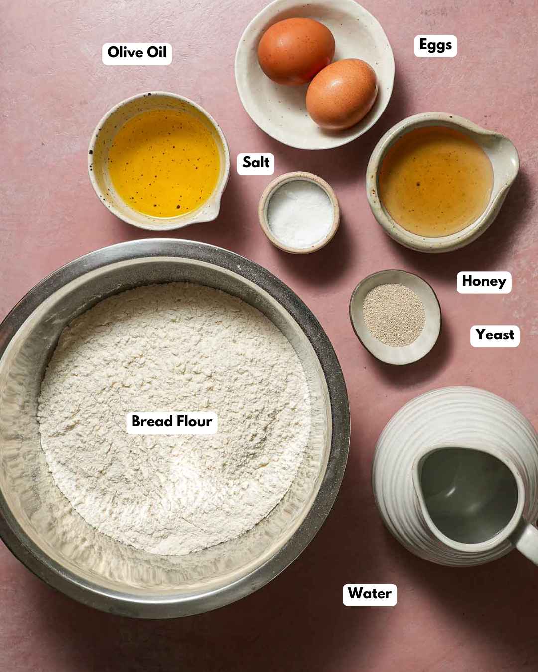 The ingredients laid out to make a round challah for Rosh Hashanah.