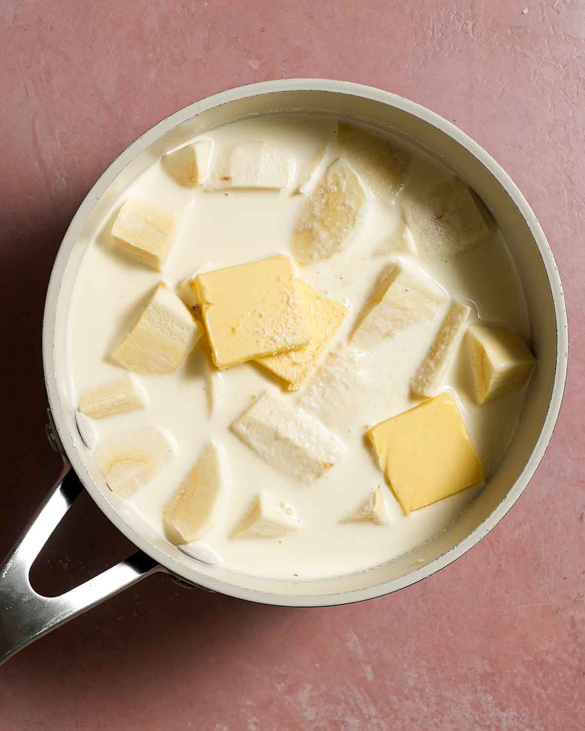 A pot of parsnips with cream, butter, and milk.