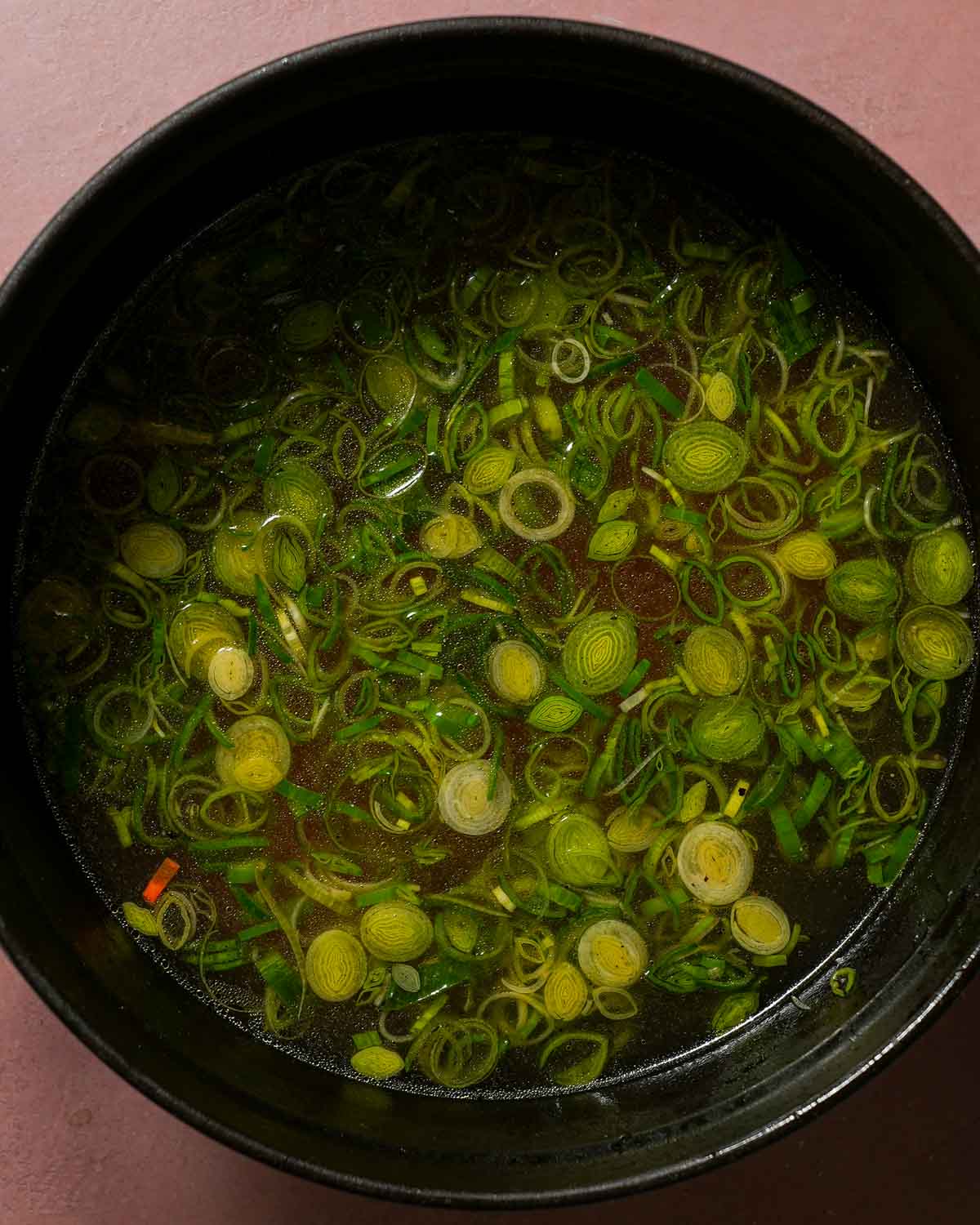 A large pot of chicken soup with leek and carrots.