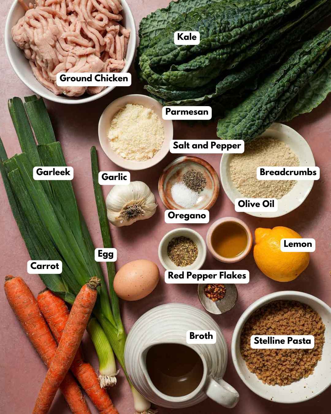 The ingredients laid out to make chicken meatball soup.
