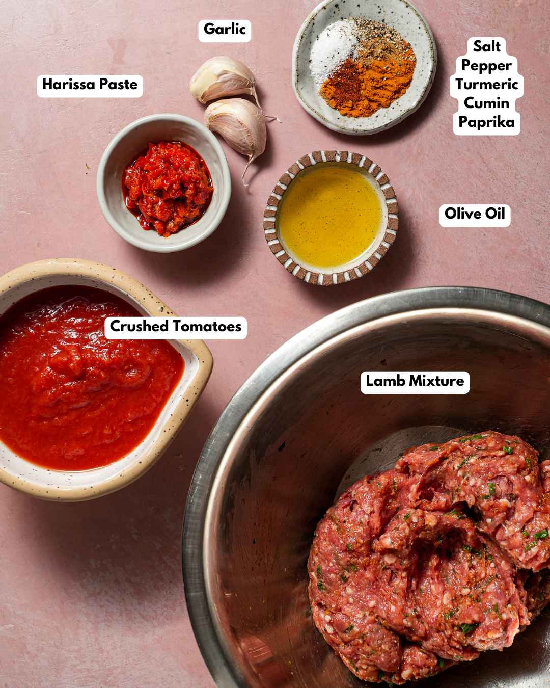 The ingredients laid out to make lamb meatballs in spicy harissa tomato sauce.