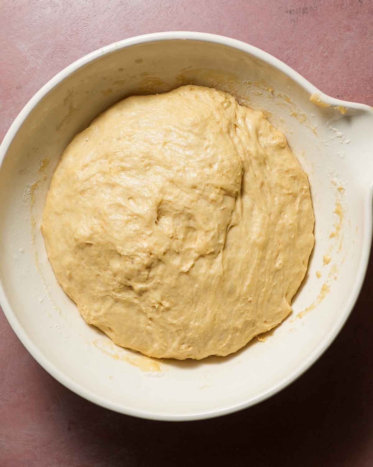 Proofed challah dough ready to be shaped.