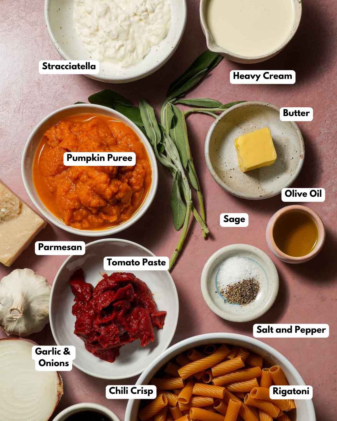 All the ingredients laid out to make rigatoni pumpkin chili crisp.
