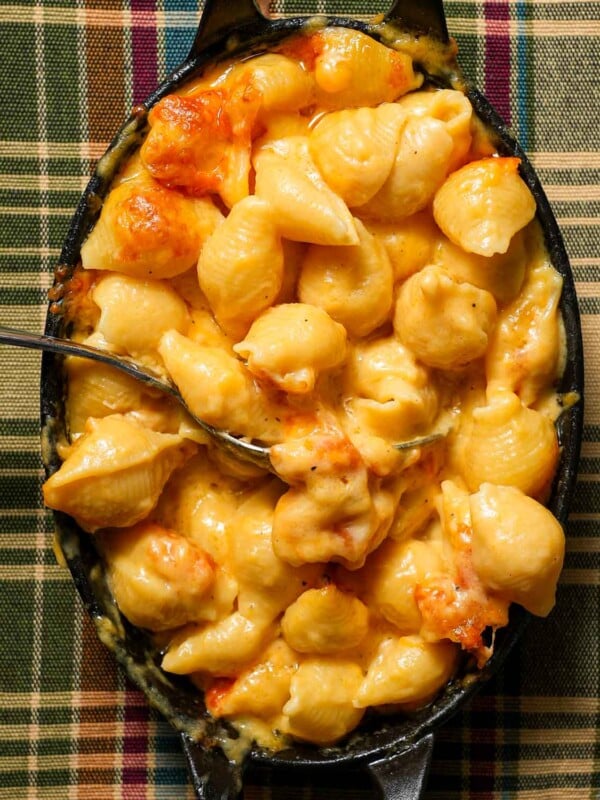 Butternut squash mac and cheese in a baking dish.
