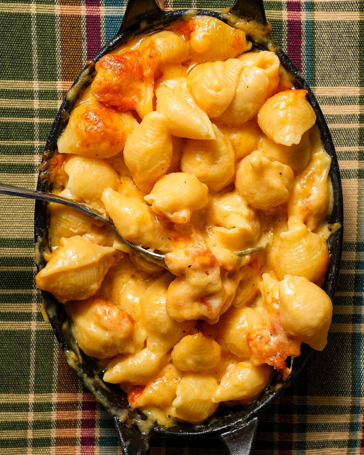 Butternut squash mac and cheese in a baking dish.