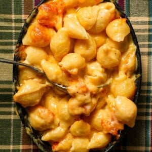 Butternut squash mac and cheese in a baking dish.