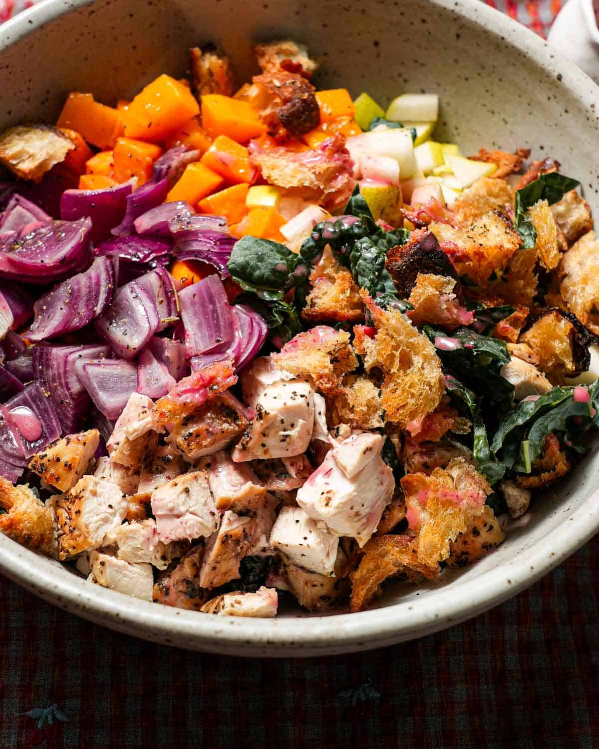 A large bowl of a Fall panzanella salad with cranberry dressing.