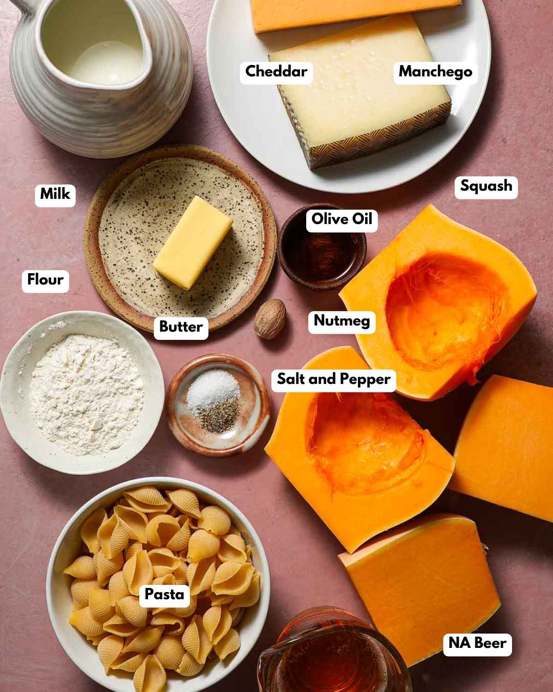 Ingredients to make butternut squash mac and cheese with manchego.